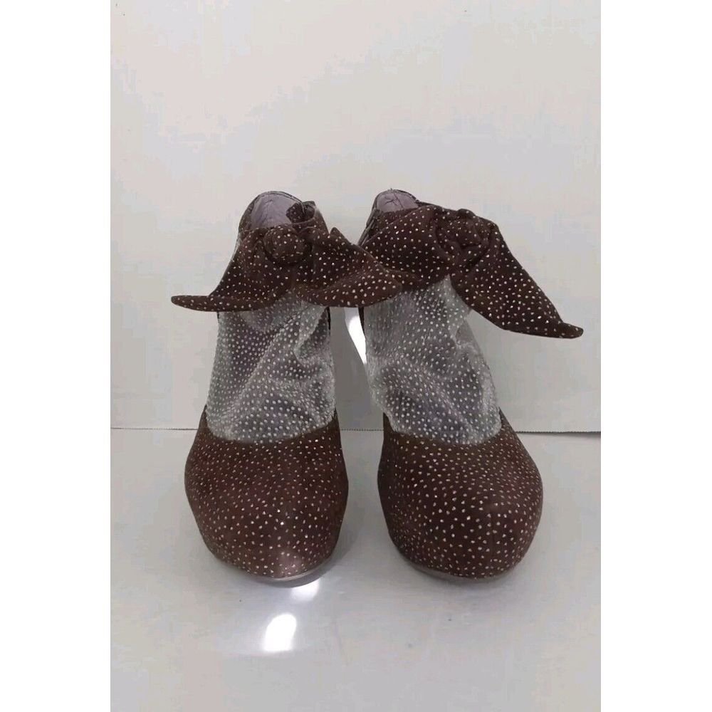 Vintage-Style Polka Dot Bow Ankle Boots High Heels Brown & Grey Platform Pumps